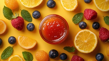 glass of jem on surface decorated with organic products