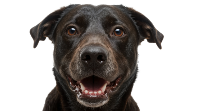 Smiling Black Dog A Close-Up Portrait Capturing Joy and Happiness with a White Background
