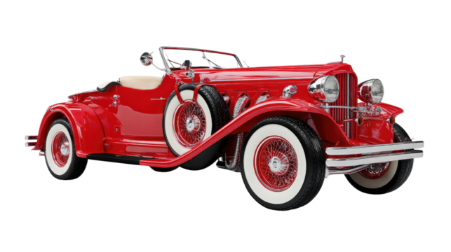 Vintage Red Convertible: A meticulously maintained vintage red convertible, a classic symbol of luxury and timeless elegance, gleaming under the bright sunshine.