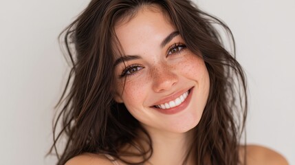 Naklejka premium Smiling young Caucasian woman with long brown hair and natural makeup. She has a bright smile and is looking directly at the camera against a neutral background.