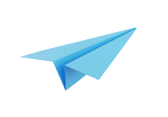 Light blue paper airplane isolated PNG, origami toy for travel and sending messages on transparent background