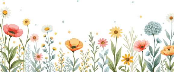 Colorful wildflower and abstract green plant watercolor banner for summer. Ideal for cards, borders, wallpaper, posters, or templates.