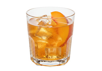 Refreshing peach cocktail with ice cubes in a glass isolated on transparent background, summer drink for party and refreshment