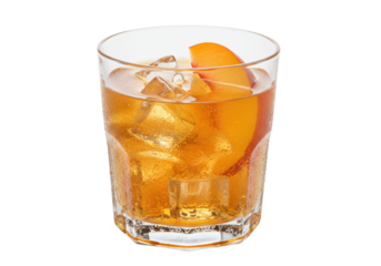 Refreshing peach cocktail with ice cubes in a glass isolated on transparent background, summer drink for party and refreshment