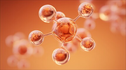 Abstract representation of molecular structures in orange hues. Spheres connected by lines create a scientific theme, symbolizing chemistry and innovation.