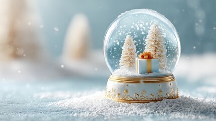 A snow globe with two miniature trees and a gift box inside. Snowflakes fall gently around it, creating a winter wonderland scene.