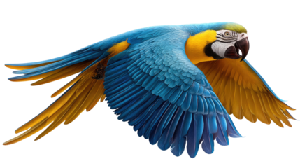 Macaw in Flight: A vibrant macaw glides gracefully with its wings fully extended, a spectacle of nature's design.