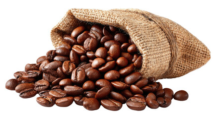 Coffee beans overflowing: An open burlap sack spills a cascade of rich, roasted coffee beans, a fragrant symbol of mornings and invigorating taste.
