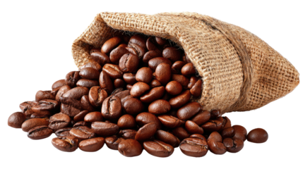 Coffee beans overflowing: An open burlap sack spills a cascade of rich, roasted coffee beans, a fragrant symbol of mornings and invigorating taste.