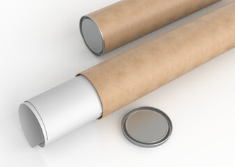 3D Realistic cardboard tube mockup with cap and rolled white poster inside, isolated. Blank kraft paper tube for showcasing artwork, poster, shipping posters, artwork, documents or parcel packaging