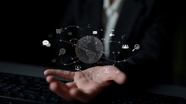 Visualization of global digital communication and online across multiple platforms, including global network, digital network, communication network, and online network. Latch - Powered by Adobe