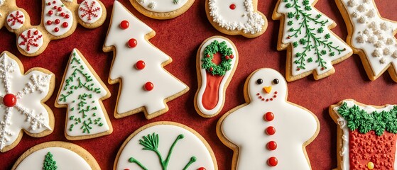 Colorful festive holiday cookies in various shapes like stars, trees, and snowflakes, decorated with icing and sprinkles.
