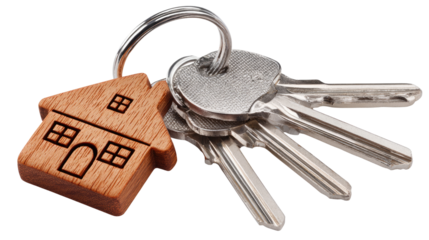 Keys to a New Beginning: A collection of shiny metal keys hangs on a keychain with a charming wooden house pendant, symbolizing the promise of new beginnings and ownership.