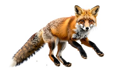 Fototapeta premium A striking fox with vibrant orange and black fur leaping against a white background, focused and alert
