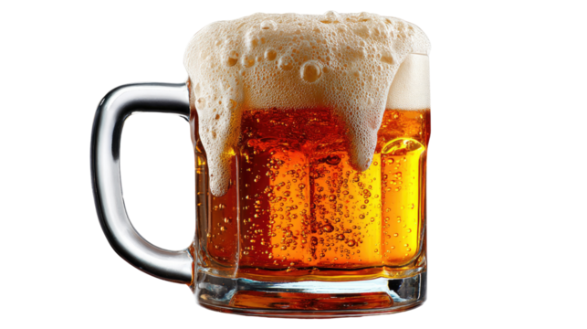 Golden Brew Overflow: A glistening glass mug overflowing with a frothy, golden brew, the condensation and bubbles hinting at a crisp, refreshing experience.