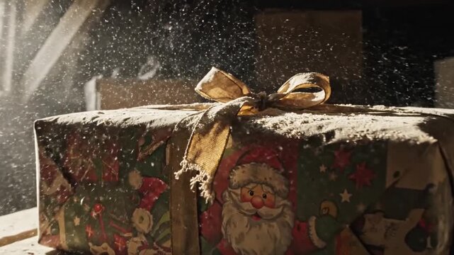 Dusty Christmas Gift Box in an Old Attic with Sunbeams.