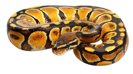 Fototapeta premium Royal Python’s Vibrant Embrace: A striking Royal Python, coiled and displaying its intricate pattern of warm brown and gold markings, showcases the elegance of reptiles.