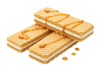 Stacked wafer cookies with cream filling and caramel drizzle isolated, sweet dessert treat for snack or indulgence