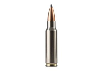 Silver rifle bullet isolated, ammunition for hunting and target practice on a transparent background