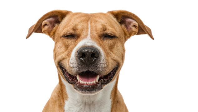 A delightful closeup portrait of a cheerful brown and white dog with its eyes closed in a happy, contented smile, isolated on a clean white background