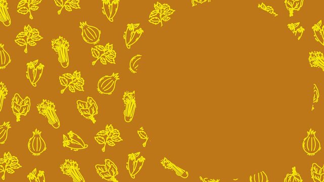 A seamless vegetable pattern featuring yellow hand-drawn line art of onions, celery, lettuce, and herbs on a warm brown background.
