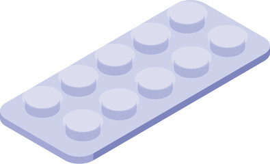 Isometric blister pack containing round white pills lying on a white background