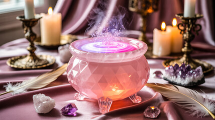Glam witch brewing potion in a glowing pink crystal cauldron with neon mist and sparkles