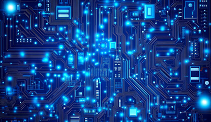 Futuristic blue circuit board design for high tech innovations and digital solutions
