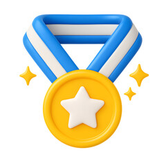 3D medal icon, golden award with star and blue ribbon, isolated on transparent background