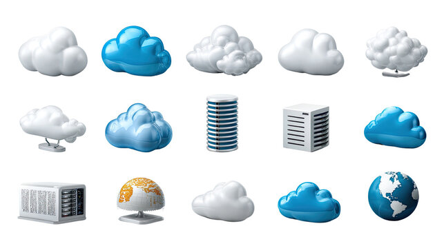 Digital Cloud Computing Icons: This illustration offers a visually engaging collection of digital cloud computing icons, perfect for representing data storage, network concepts.