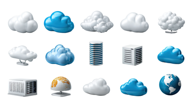 Digital Cloud Computing Icons: This illustration offers a visually engaging collection of digital cloud computing icons, perfect for representing data storage, network concepts.