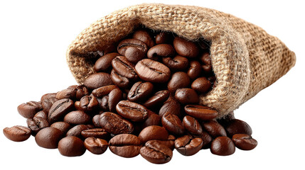 Roasted Coffee Beans Spilling from a Burlap Sack: A close-up captures the rich, aromatic allure of roasted coffee beans spilling from a rustic burlap sack, evoking warmth, energy and morning ritual.