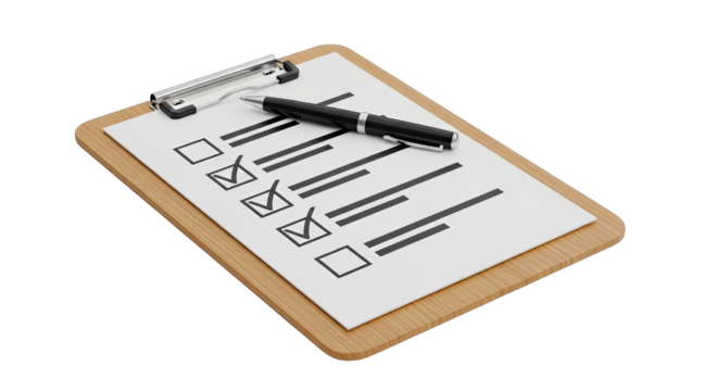 Wooden clipboard with checklist and pen