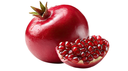 Ruby Pomegranate Duo: A close-up shot of a vibrant red pomegranate fruit, accompanied by a cut segment, showcasing the juicy seeds. A symbol of flavor, freshness, and the bounty of the harvest
