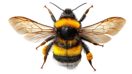 Fototapeta premium Striking Bumblebee Close-Up: A detailed top view of a fuzzy bumblebee, showcasing its vibrant stripes, translucent wings, and intricate body structure, captured with remarkable precision.