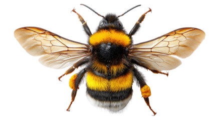 Striking Bumblebee Close-Up: A detailed top view of a fuzzy bumblebee, showcasing its vibrant stripes, translucent wings, and intricate body structure, captured with remarkable precision.