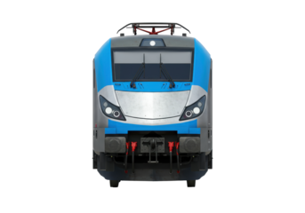 Modern blue and silver electric locomotive isolated on transparent background, high-speed train for passenger transport and travel