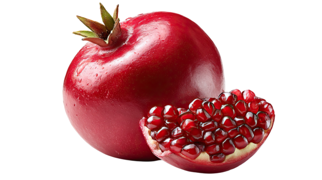 Ruby Pomegranate Duo: A close-up shot of a vibrant red pomegranate fruit, accompanied by a cut segment, showcasing the juicy seeds. A symbol of flavor, freshness, and the bounty of the harvest