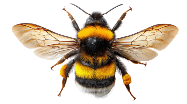 Striking Bumblebee Close-Up: A detailed top view of a fuzzy bumblebee, showcasing its vibrant stripes, translucent wings, and intricate body structure, captured with remarkable precision.