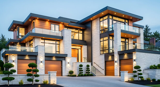 Modern Luxury Home with Wood and Stone Facade