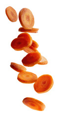 Carrot slices in mid-air, stacked and falling