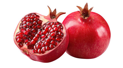 Pomegranate Duo: showcasing the vibrant red hue of ripe pomegranate. One cut open, revealing juicy seeds, and other whole. a burst of freshness and natural beauty.
