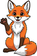 Obraz premium Cute Cartoon Fox Waving Hello with Paw Illustration on White Background - Cheerful Animal Mascot Character Greeting, Playful Design for Children's Education, Marketing & Creative Projects, Friendly Fo