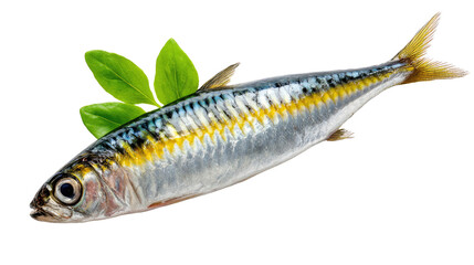 Oceanic Gem: A shimmering fish with vibrant details, accented by fresh green leaves. This photo presents a striking showcase of nature's bounty and culinary excellence.