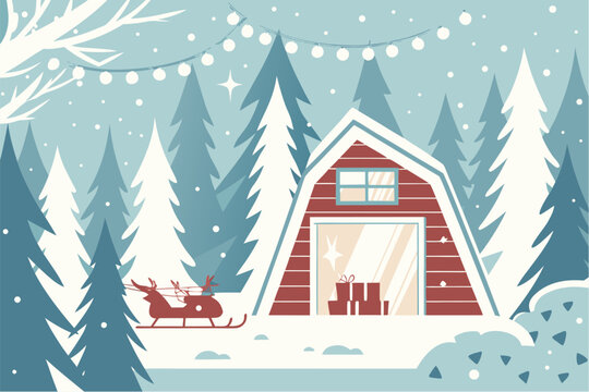 Winter scene with santa's sleigh in front of a barn surrounded by christmas trees and snow falling down