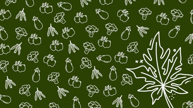 A seamless vegetable pattern featuring white hand-drawn illustrations of broccoli, eggplants, peas, apples, and large leaves on a deep green background.