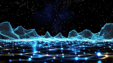 Blue Digital Landscape with Stars and Wireframe Mountain Peaks
