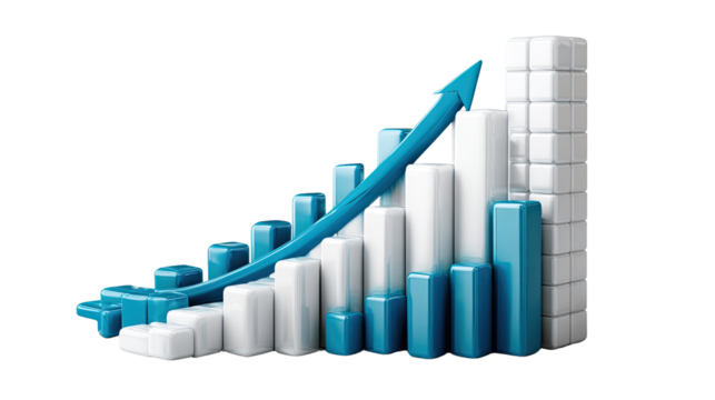 Ascending Bar Chart: A dynamic bar chart illustrating financial growth, with a vibrant upward-pointing arrow suggesting positive trends and increasing progress in the economic sector.