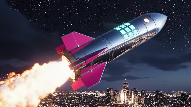 A stylized rocket soars above a city at night with stars, smoke, and pink fins