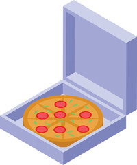 Round tasty pizza with pepperoni and herbs in an opened delivery box, isometric view